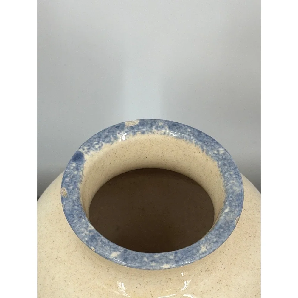 Vintage Hand Painted Blueberry Stoneware Pottery Vase Blue Sponged Rim 6 Inch